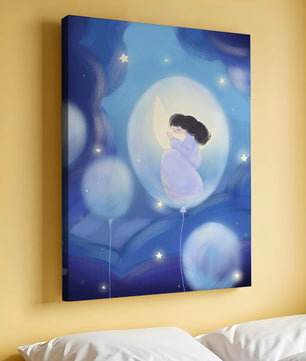 Dreamlike night sky with a girl on a moon enveloped by stars and balloons