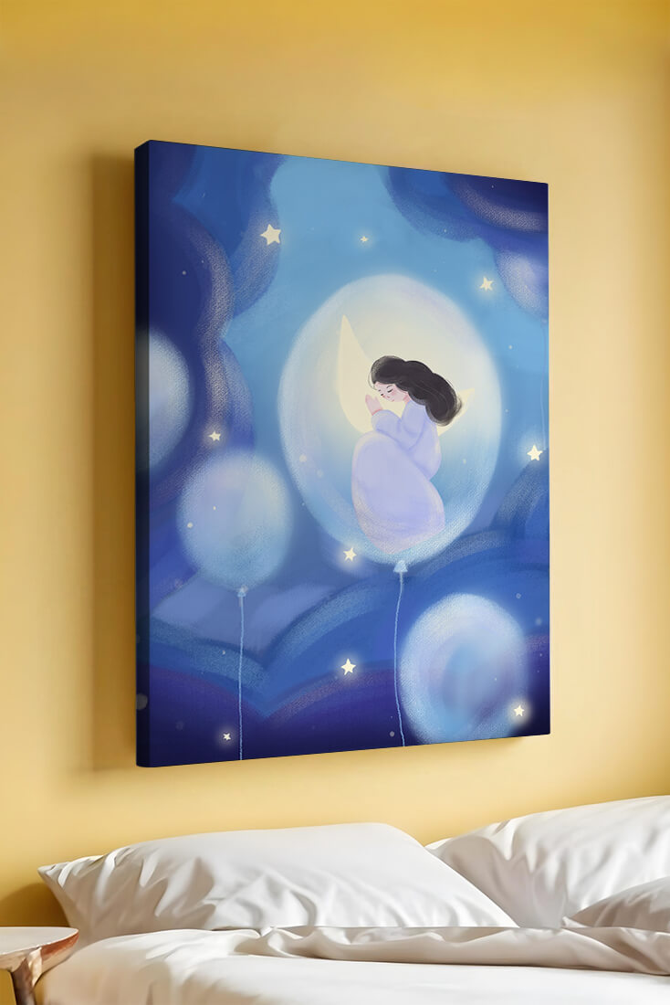 Dreamlike night sky with a girl on a moon enveloped by stars and balloons