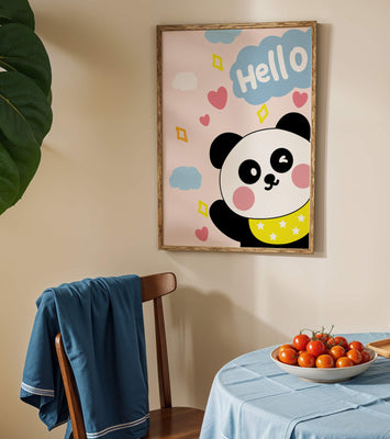 Panda illustration with playful elements and pastel colors