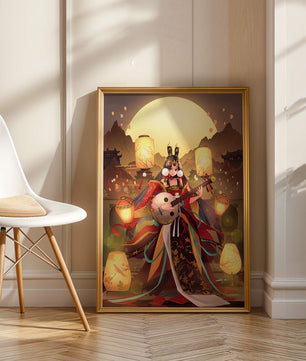Elegant musician with traditional attire under lanterns and mountains