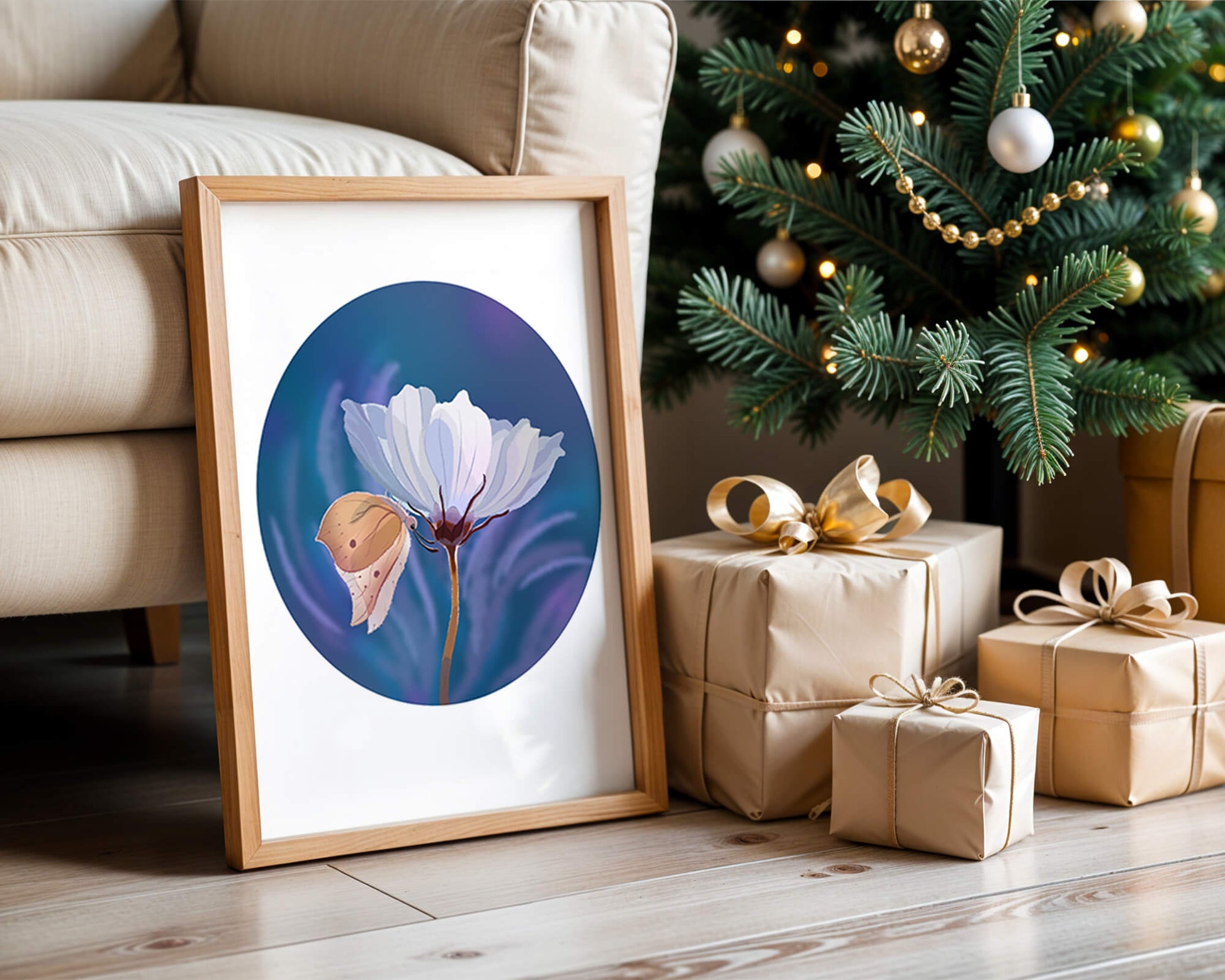 Delicate butterfly resting on a white flower in a serene blue background