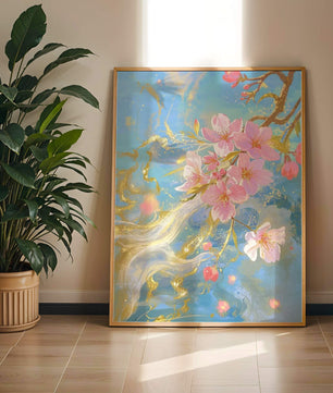 Beautiful Cherry Blossom Branch with Golden Highlights on a Soft Blue Background - Mi tienda