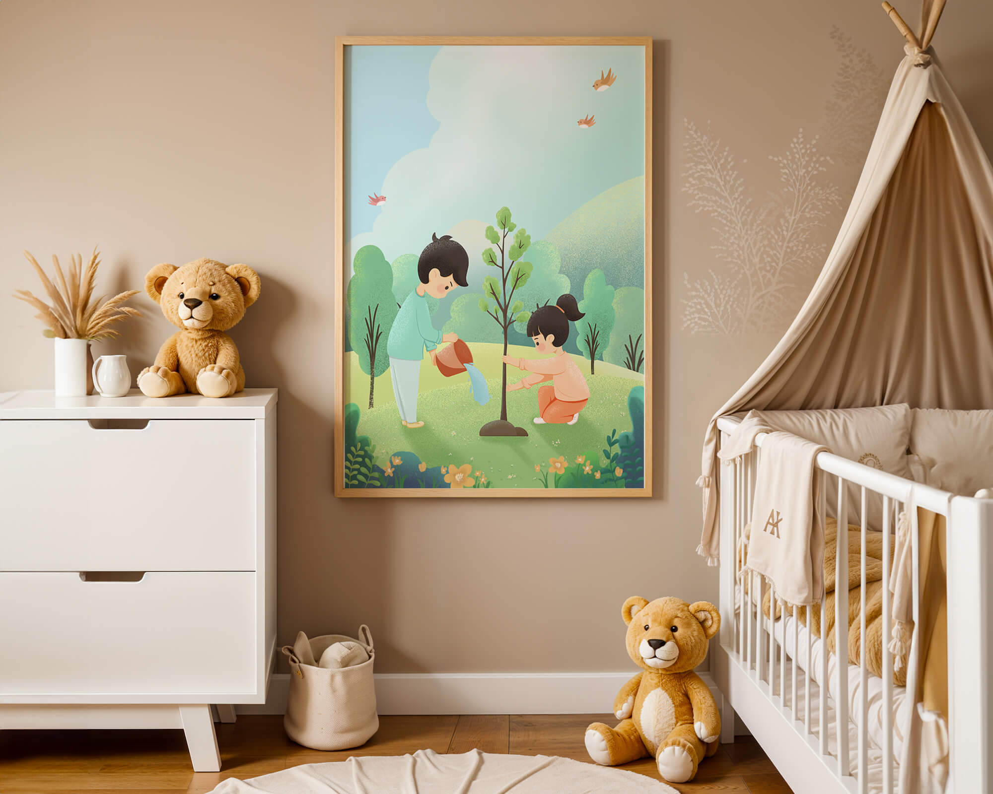 Children nurturing a young tree in a lush green landscape