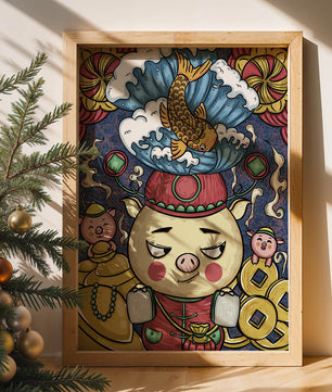 Colorful illustration featuring a whimsical pig and koi fish with decorative elements