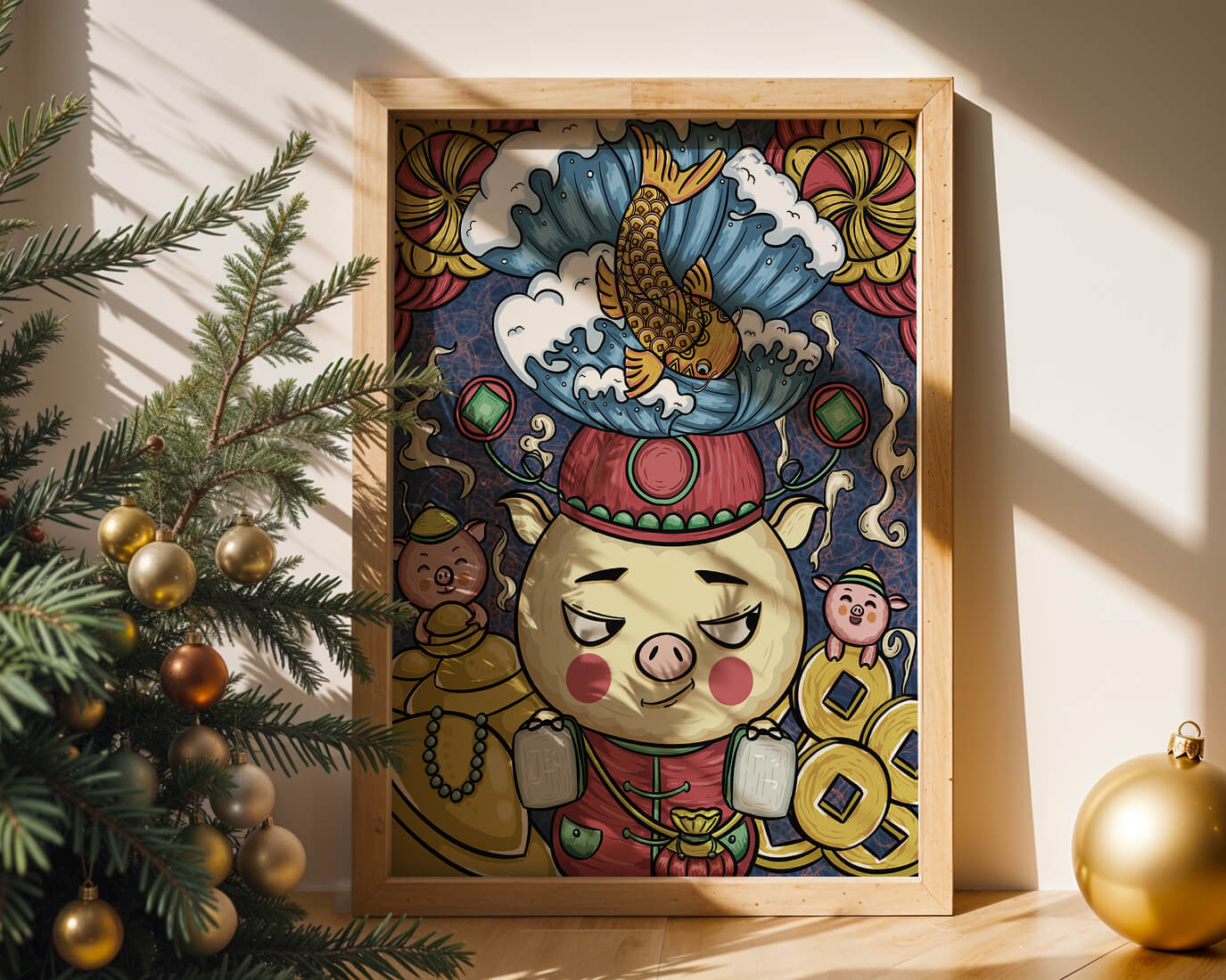 Colorful illustration featuring a whimsical pig and koi fish with decorative elements