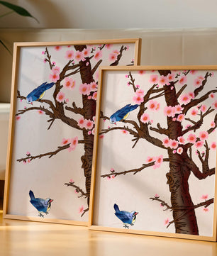 Ilustración encantadora de un árbol de cerezo con pájaros