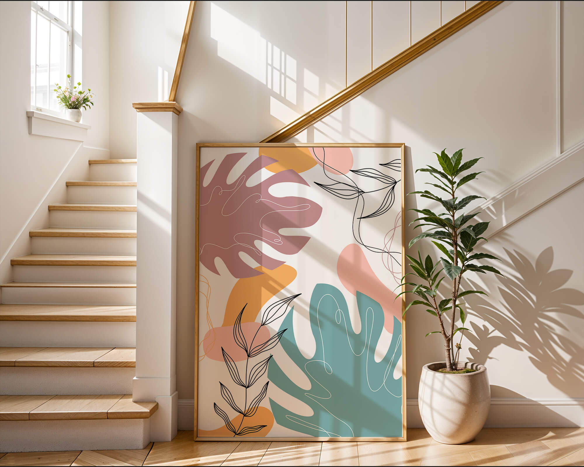 Abstract botanical illustration with colorful leaf patterns