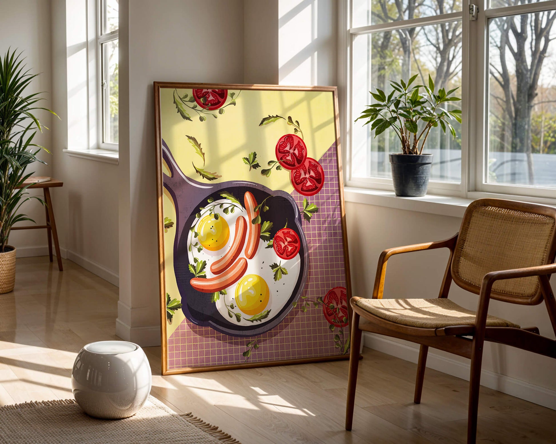 Fried Eggs and Sausages in Pan with Tomatoes and Herbs on Colorful Background