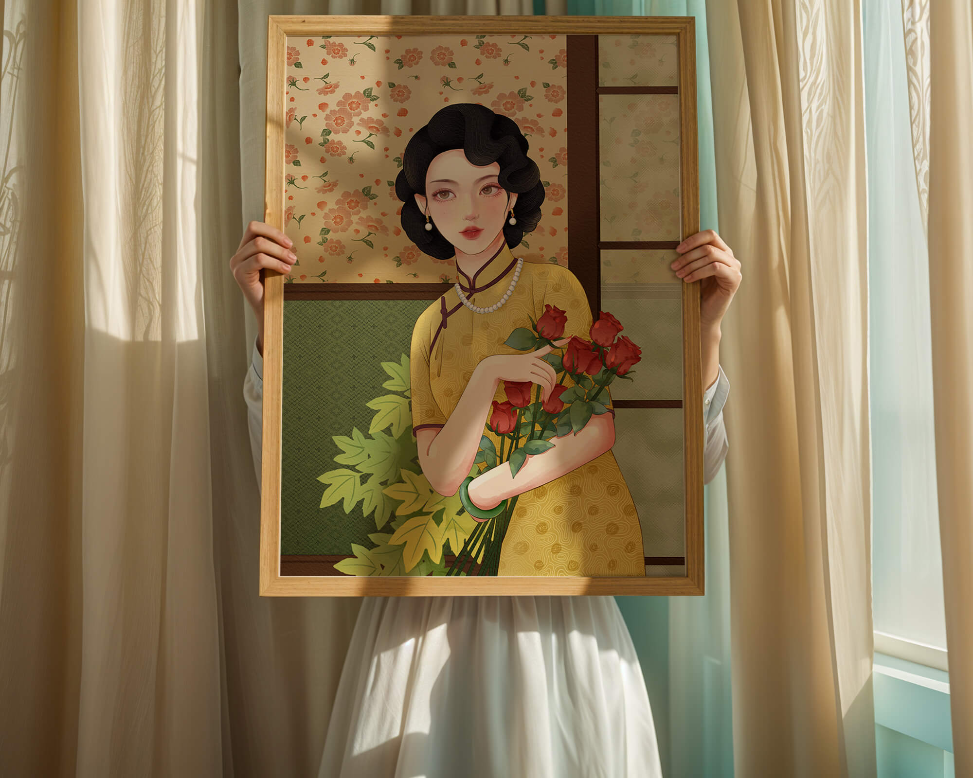Elegant woman with floral backdrop holding a bouquet