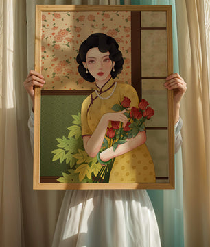 Mujer elegante con fondo floral sosteniendo un ramo