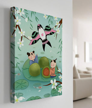 Children Playing on Lotus Leaves with Kite and Cherry Blossoms
