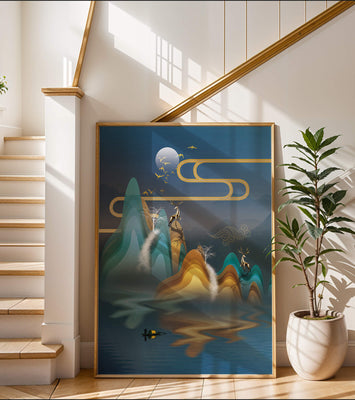 Abstract landscape with golden deer and layered mountains in serene night scene