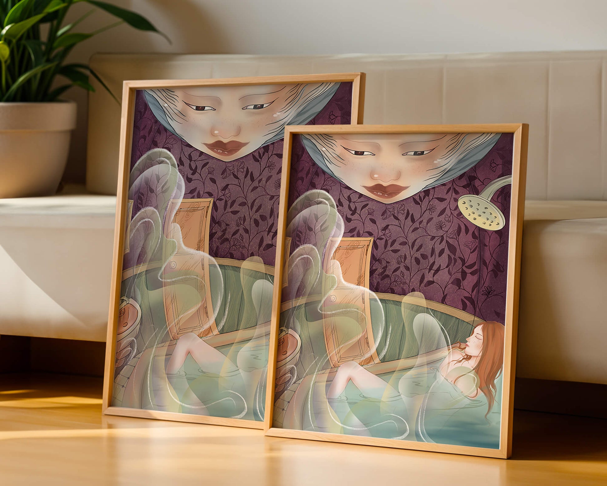 Tranquil bath scene with ethereal elements and ornate wallpaper