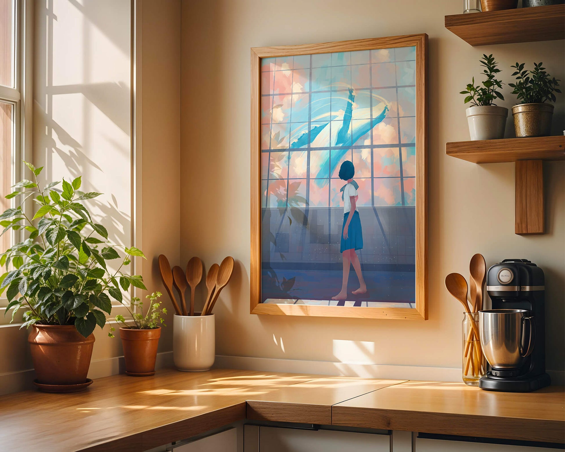 Young girl looking at a giant whale through a large window