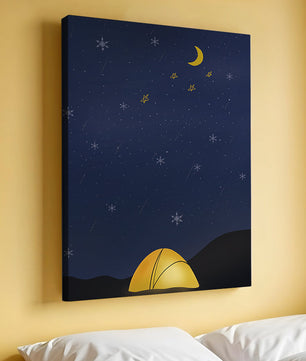 Camping Under Night Sky with Stars and Crescent Moon
