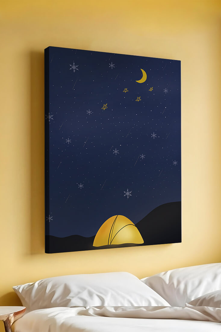 Camping Under Night Sky with Stars and Crescent Moon