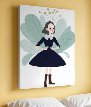 Ilustración de una chica caprichosa con hojas y elementos florales