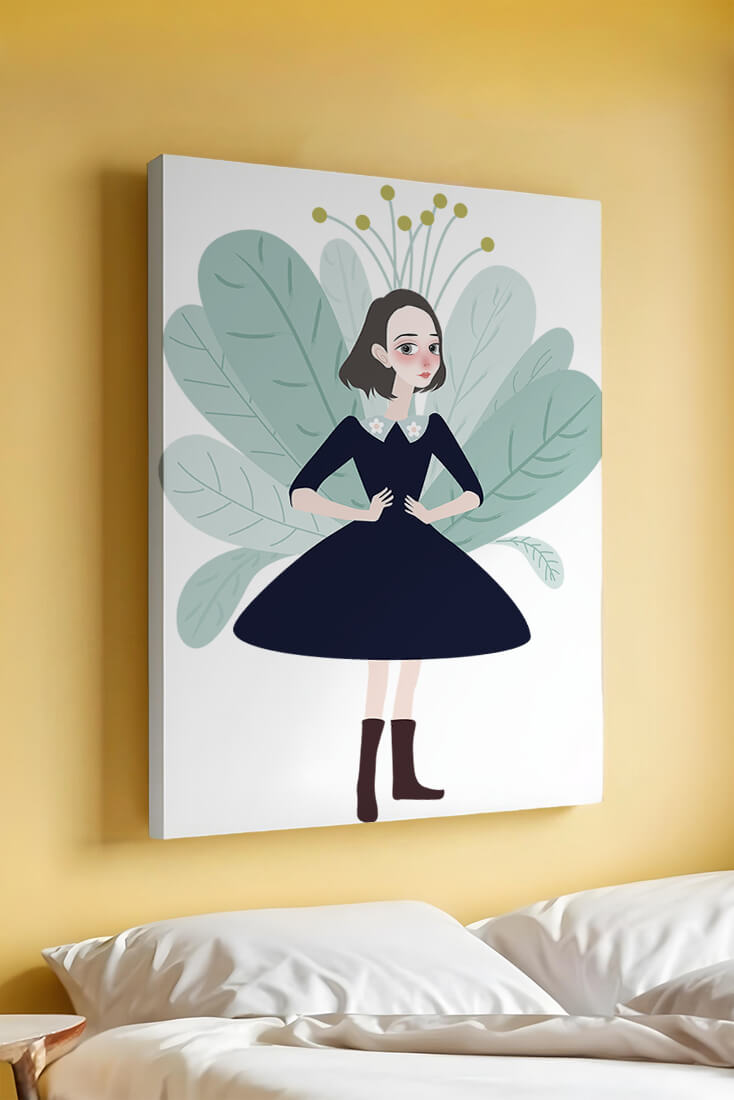 Illustration of a whimsical girl with leaves and floral elements
