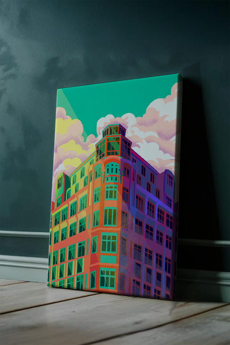 Colorful geometric building with vibrant sky