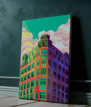 Gebäude mit bunten geometrischen Formen und lebhaftem Himmel