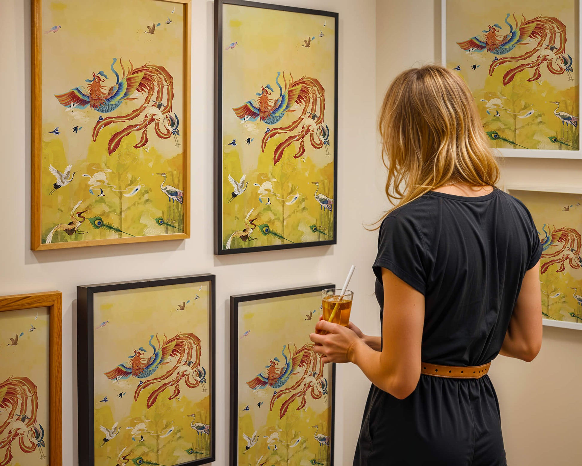 Colorful mystical bird with vivid feathered companions in a vibrant sky