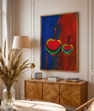 Pintura abstracta de cerezas con colores vibrantes