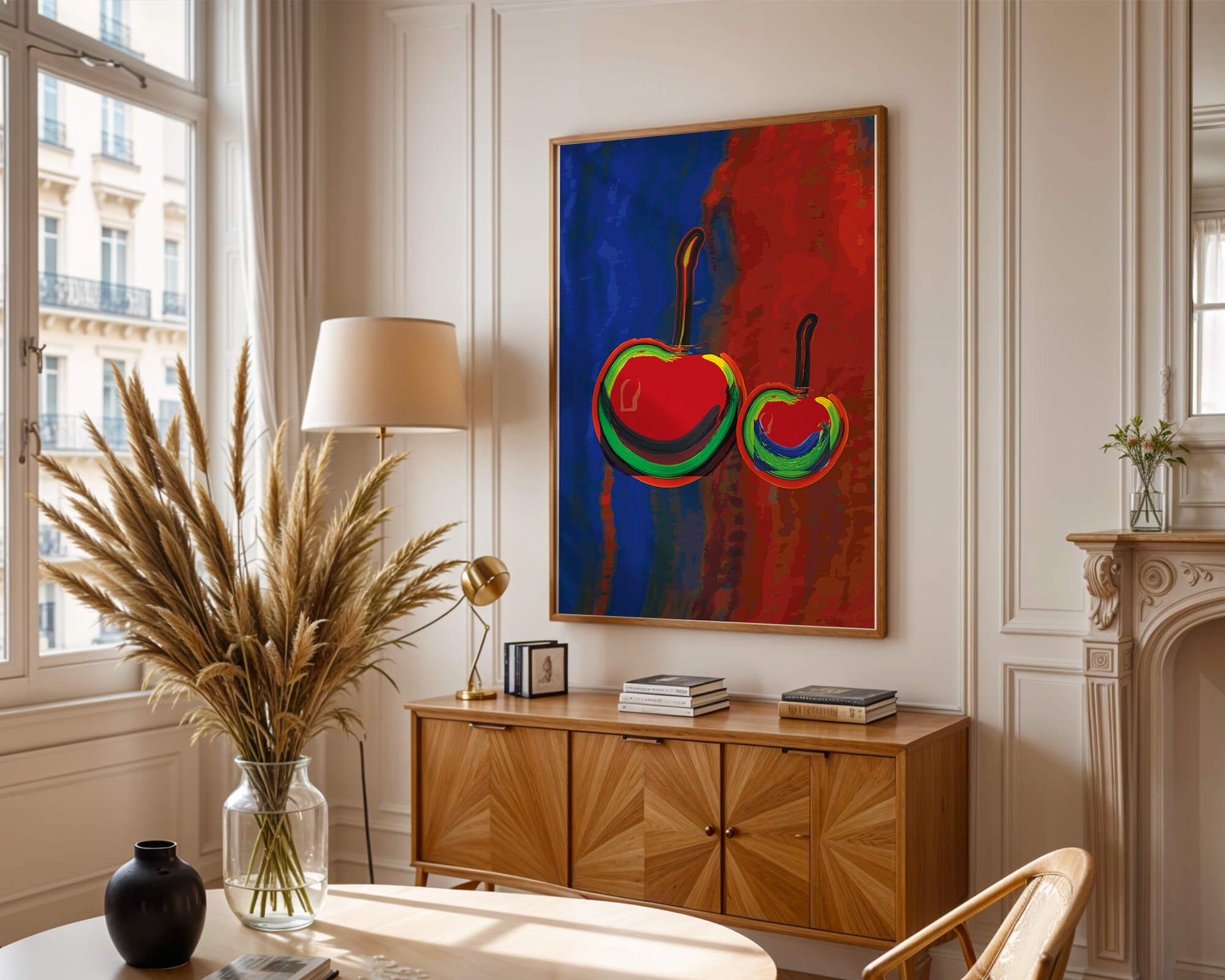 Pintura abstracta de cerezas con colores vibrantes.