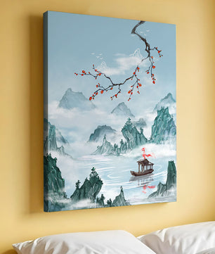 Chinese Landscape with Cherry Blossoms and Boat in Misty Mountains - Mi tienda