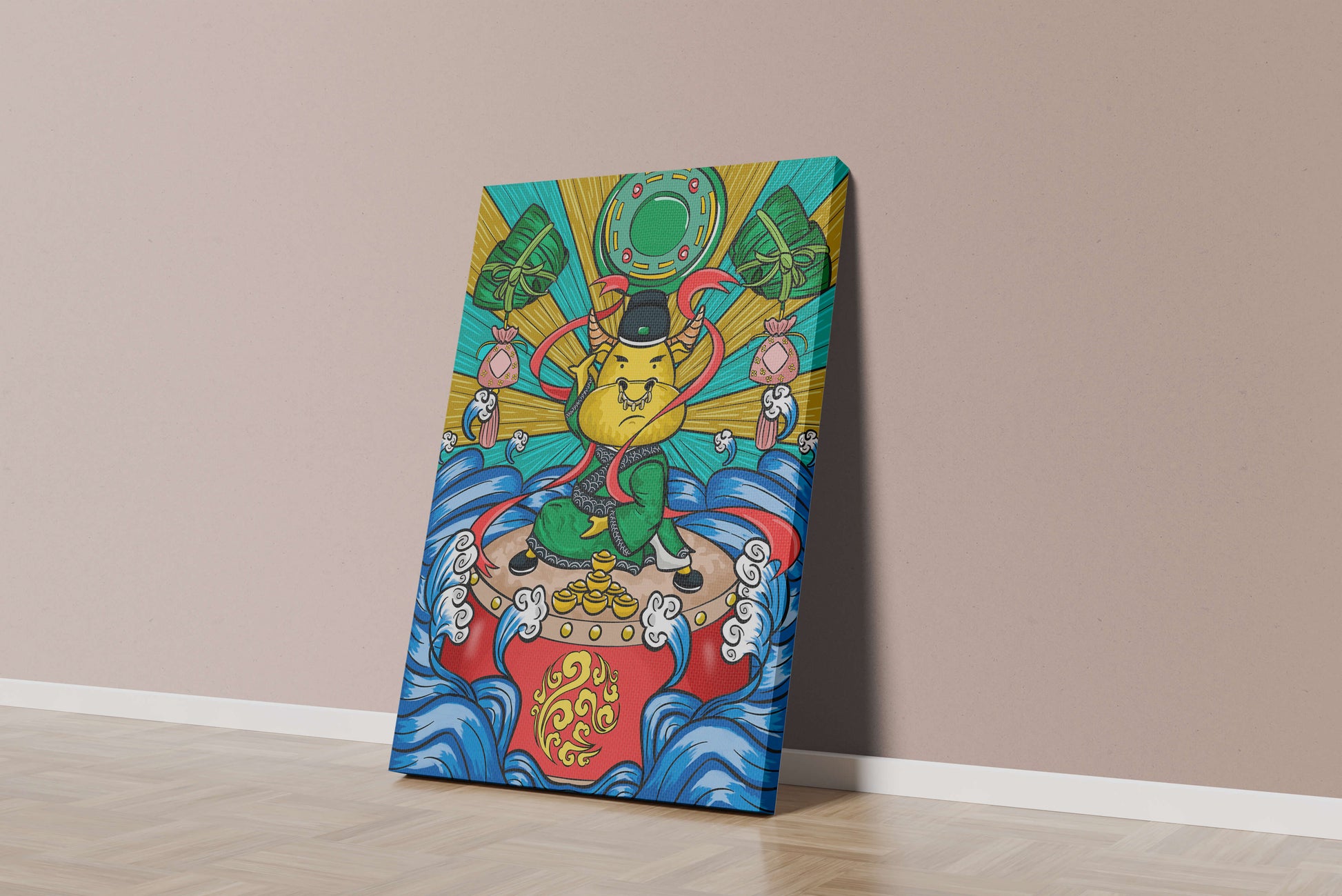 Colorful illustration of a mythical creature with traditional elements and vibrant colors