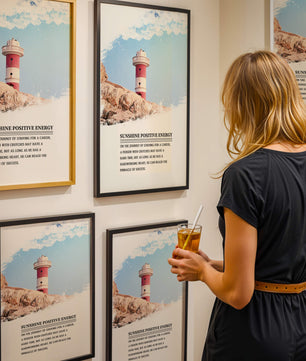 Faro inspirador con texto motivacional y fondo de cielo