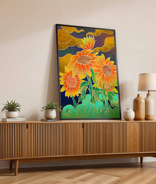Vibrant sunflowers with intricate background patterns