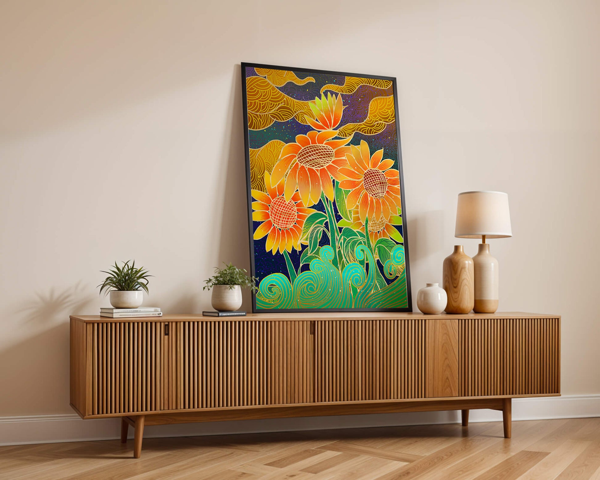 Vibrant sunflowers with intricate background patterns