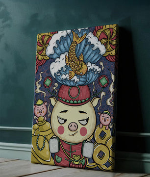 Colorful illustration featuring a whimsical pig and koi fish with decorative elements