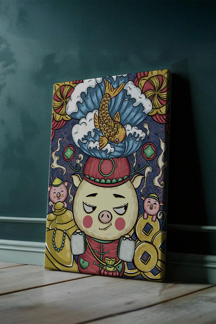 Colorful illustration featuring a whimsical pig and koi fish with decorative elements