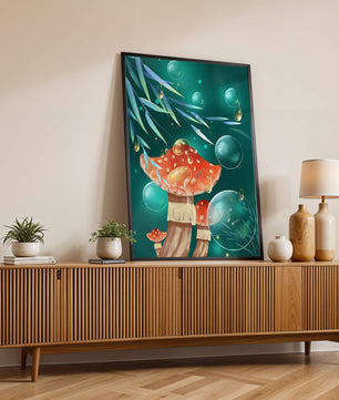 Whimsical forest scene with mushrooms and glowing bubbles