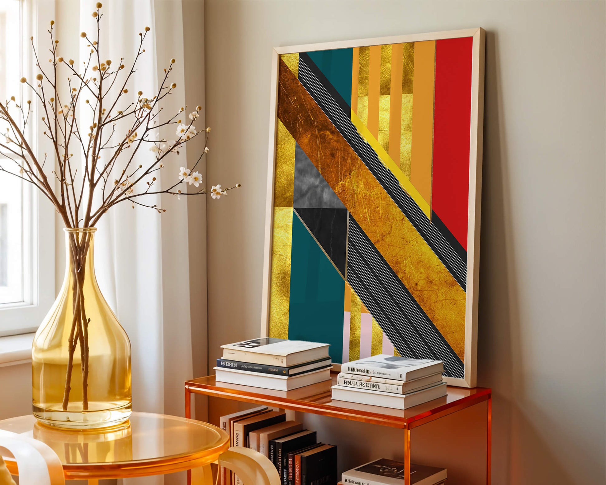 Abstract geometric design with gold accents and vibrant colors