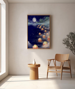 Río iluminado por la luna con linternas flotantes y montañas bajo una noche estrellada
