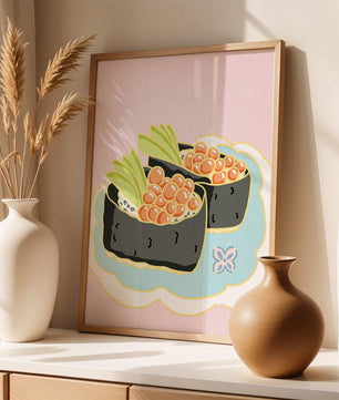 Illustration of sushi rolls with fish roe and avocado on a pastel background