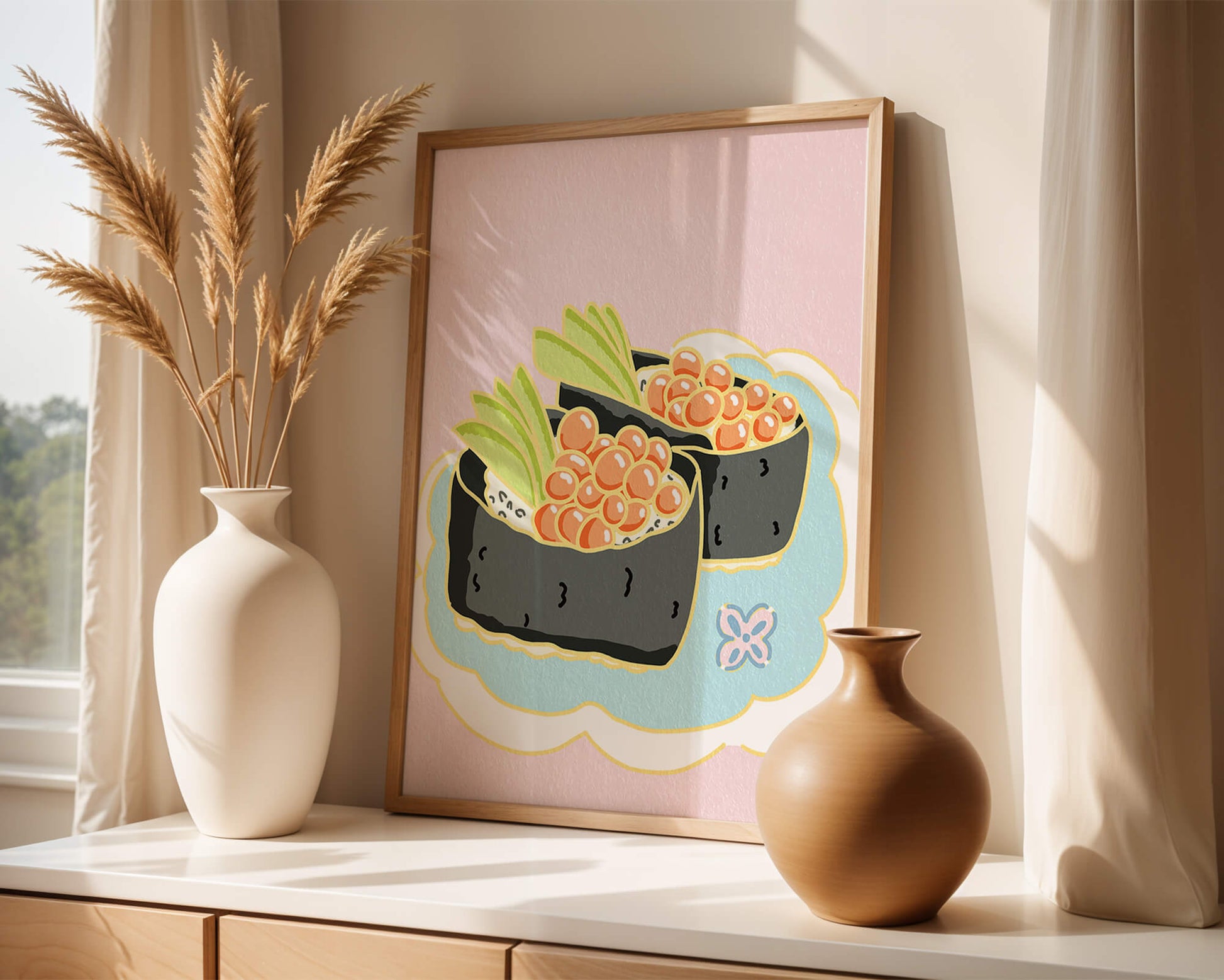 Illustration of sushi rolls with fish roe and avocado on a pastel background