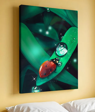 Ladybug on a Leaf with Dew Drops in a Vibrant Nature Scene - Mi tienda