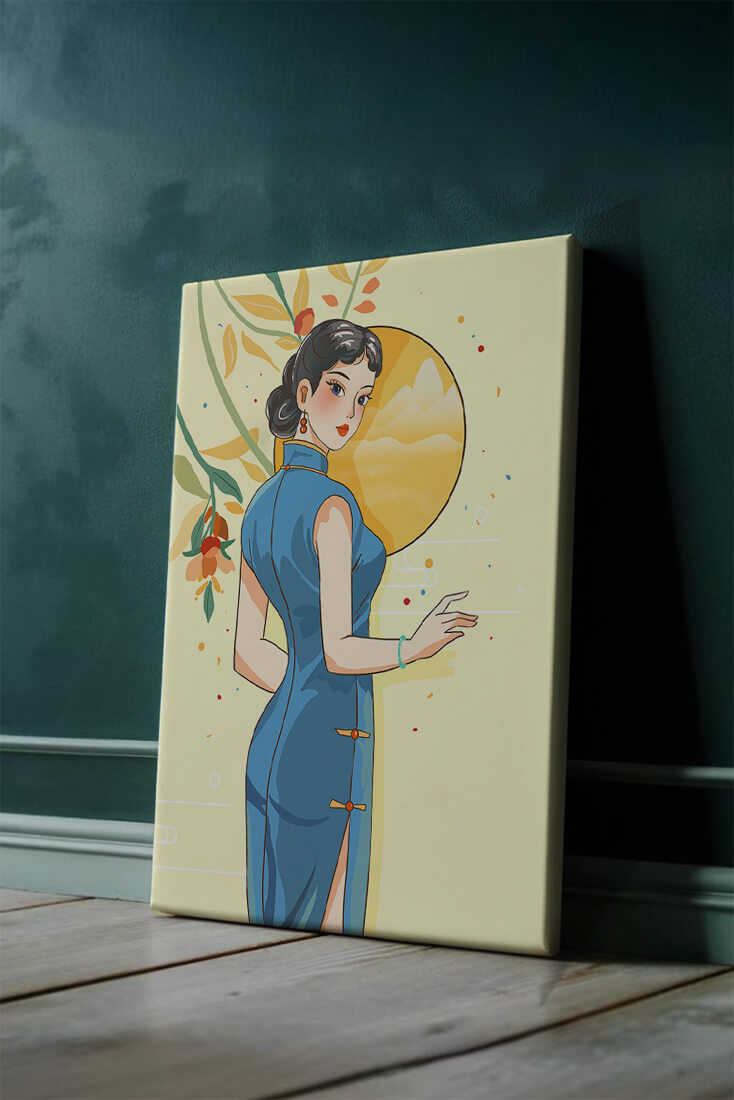 Elegant Woman in Traditional Dress with Floral and Golden Sun Backdrop