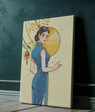 Mujer elegante con vestido tradicional y fondo floral y sol dorado