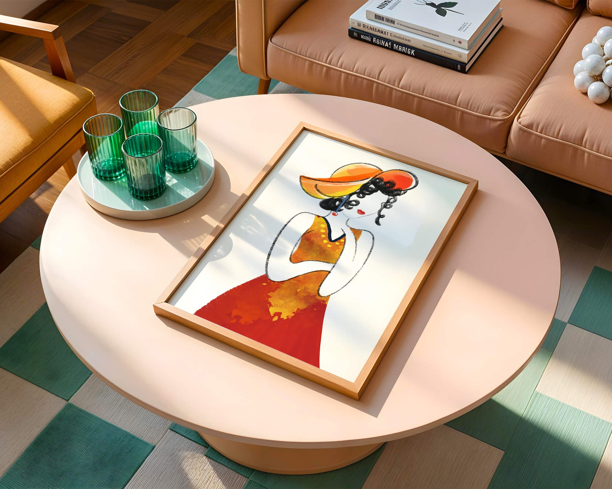 Elegant woman in a vibrant hat and dress illustration