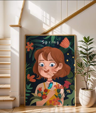 Ilustración primaveral encantadora con flores y mariposa
