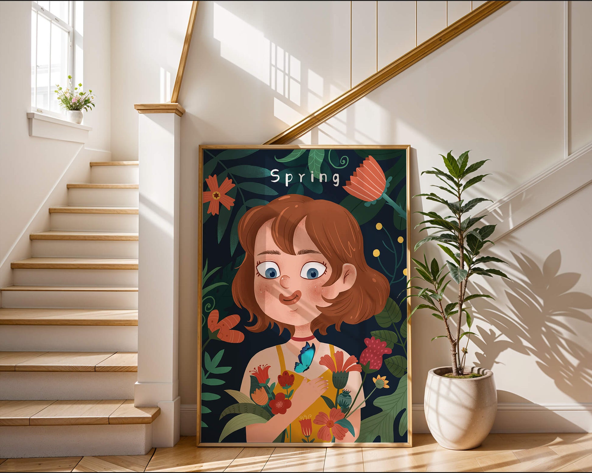 Ilustración primaveral encantadora con flores y mariposa