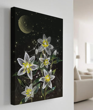 Floral Night Scene with Luminous Flowers and Golden Moon