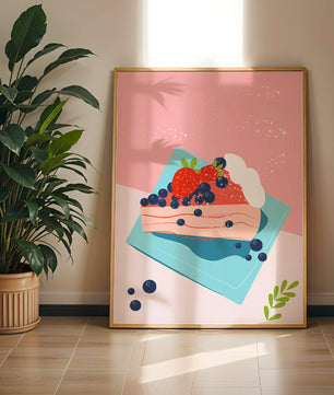 Bunte Dessertillustration mit Erdbeeren und Blaubeeren auf pastellfarbenem Hintergrund