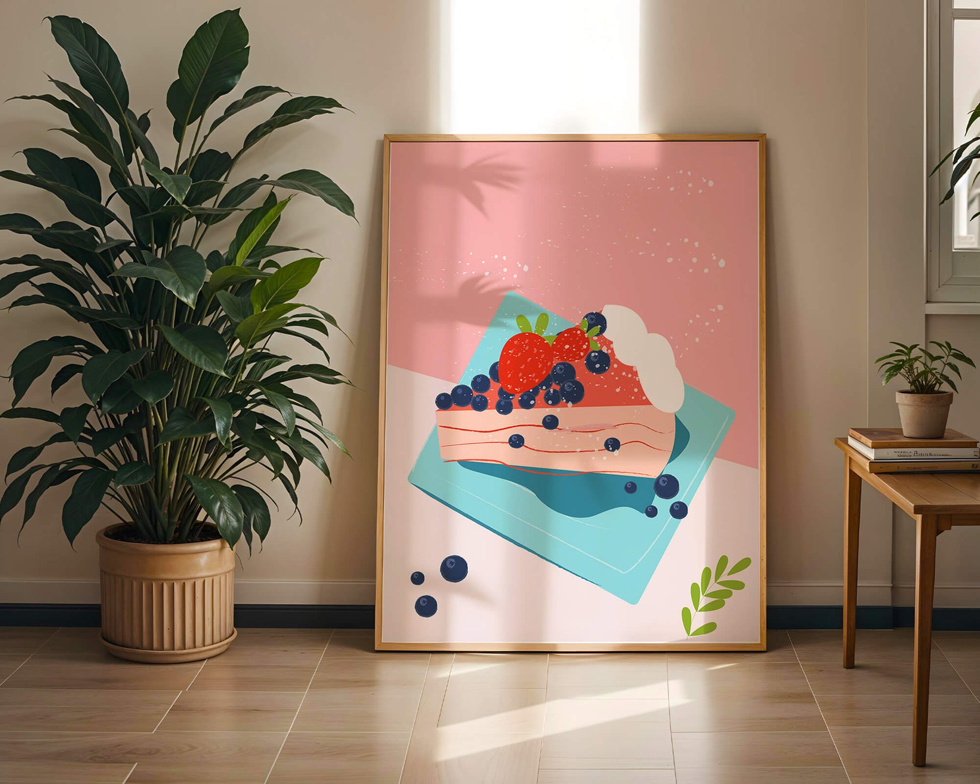 Bunte Dessertillustration mit Erdbeeren und Blaubeeren auf pastellfarbenem Hintergrund