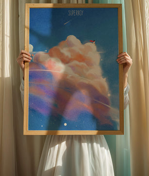 Whimsical illustration of superboy with dreamy cloudscape