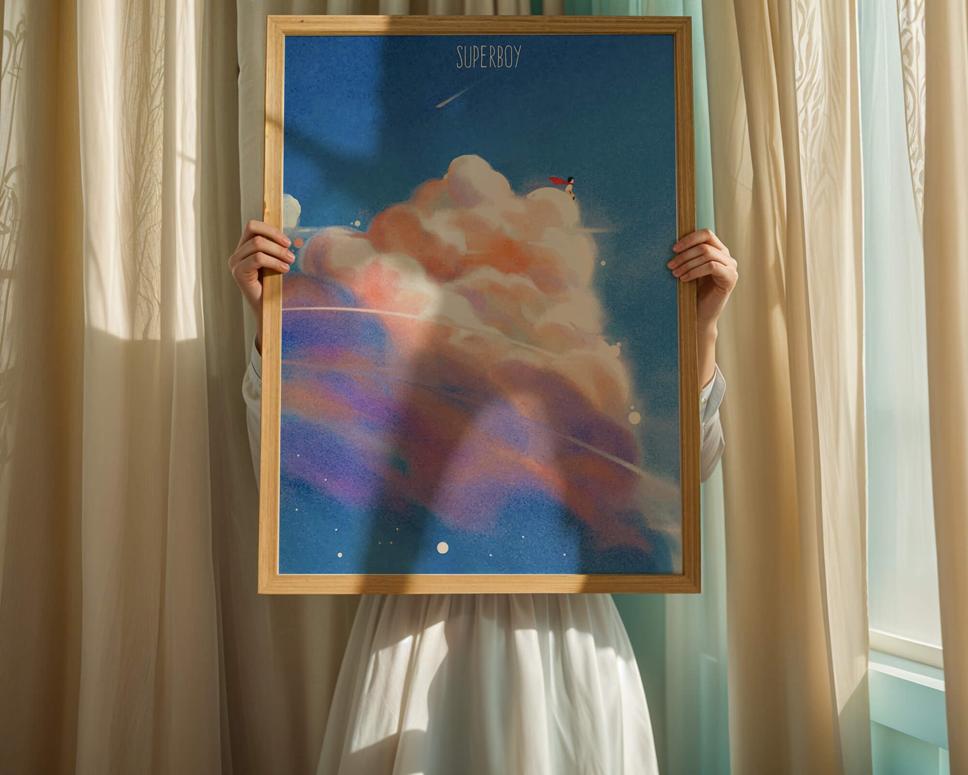 Whimsical illustration of superboy with dreamy cloudscape